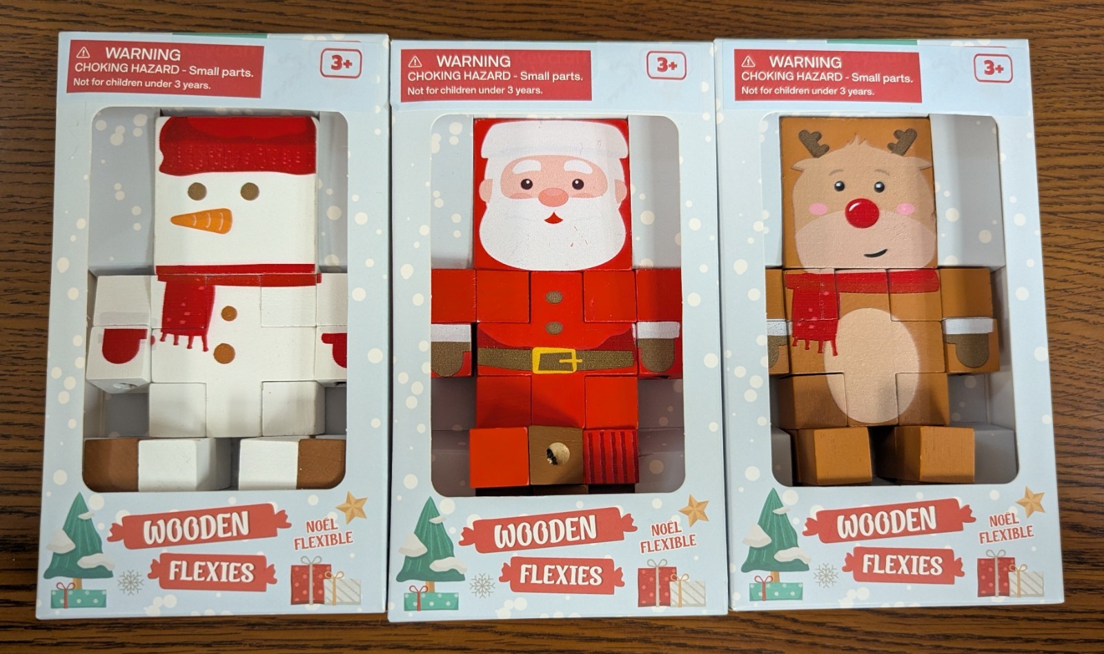 LOT OF 3 - KEYCRAFT WOODEN FLEXIES - SANTA, SNOWMAN & REINDEER NEW IN BOX