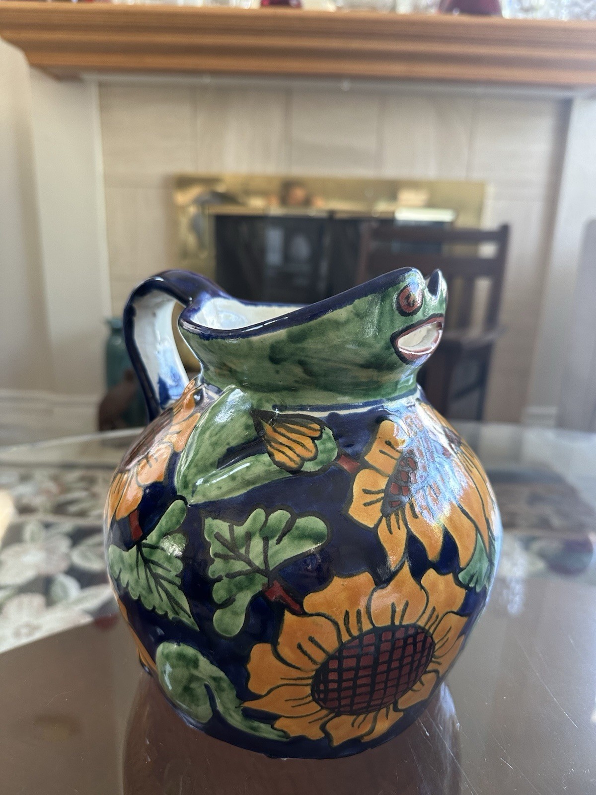 VTG Talavera Rea Mexico Signed Hand Painted Frog Sunflower Pitcher Heavy Pottery