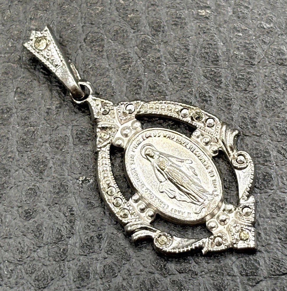 VTG Ann Gale Sterling Silver 925 Miraculous Medal Religious Marcasite Pendant