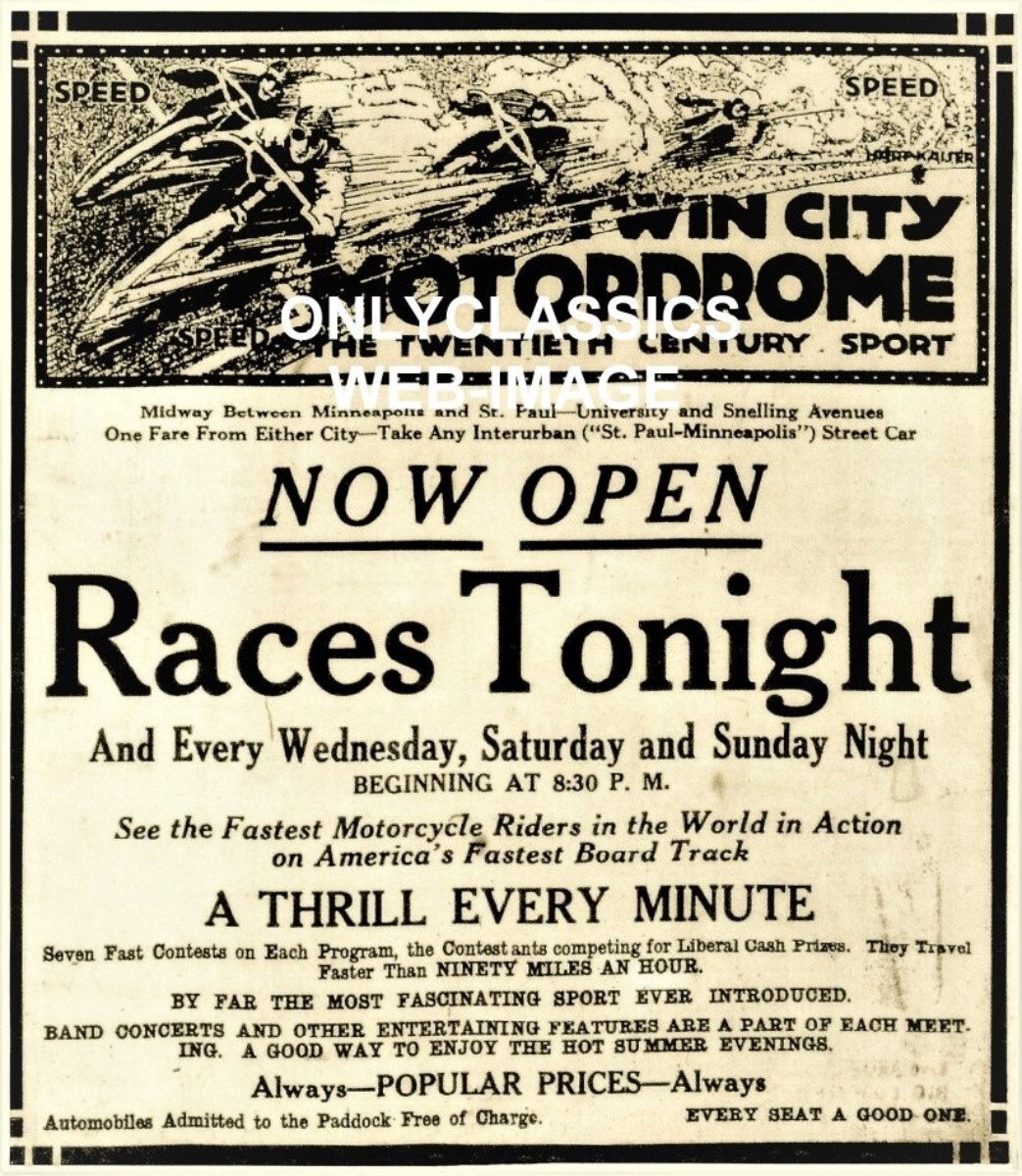1914 MINNESOTA BOARD TRACK MOTORDROME MOTORCYCLE RACING 12X14 POSTER DAREDEVILS