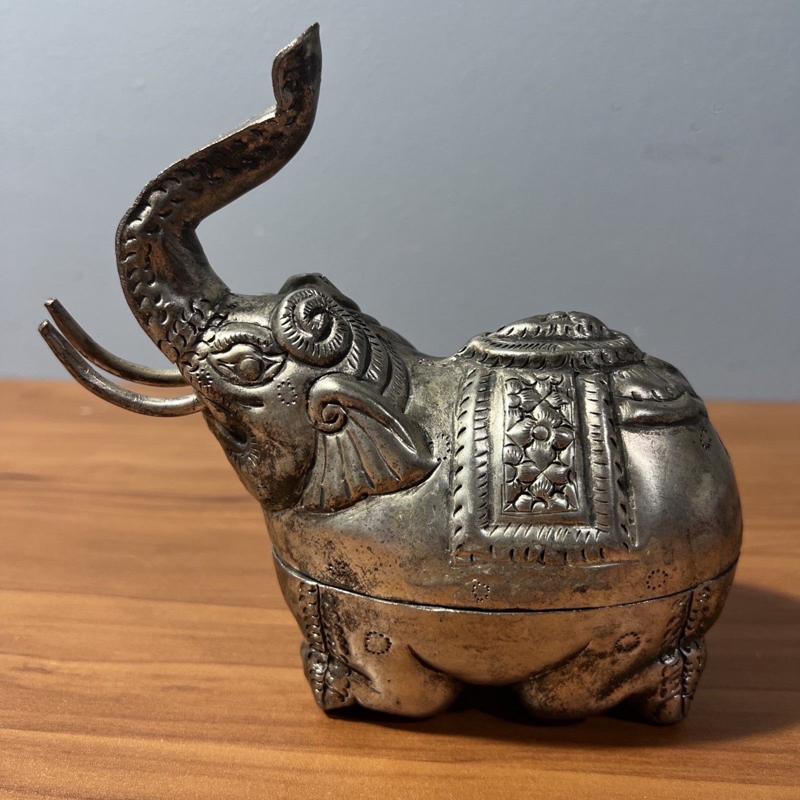 Antique Cambodia Copper Silver Plate Repousse Elephant Trinket Box Khmer Nut Box