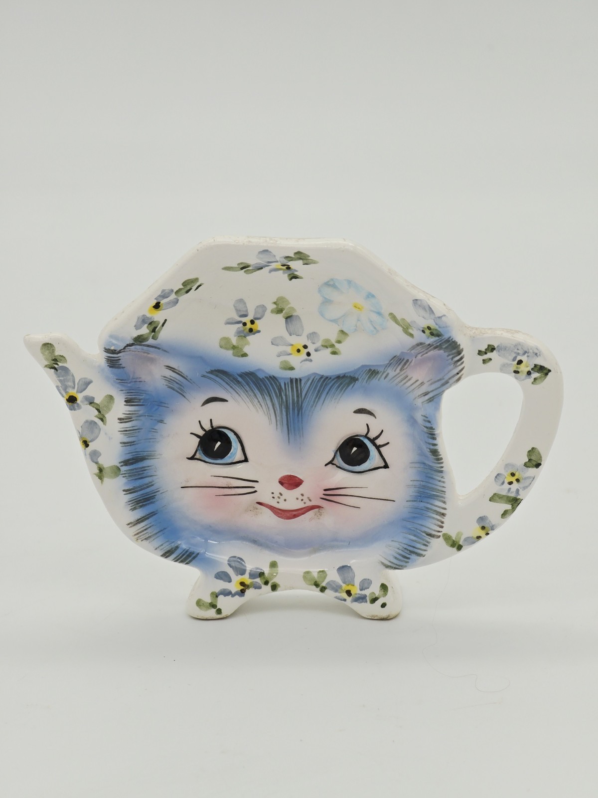 Vtg Miss Priss lefton Teabag Holder Blue Cat Daisy Kitschy 