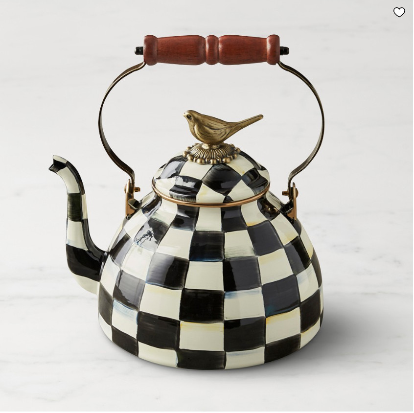 MacKenzie-Childs Courtly Check Tea Kettle 3 Qt with Bird Knob, Whistling Stoveto