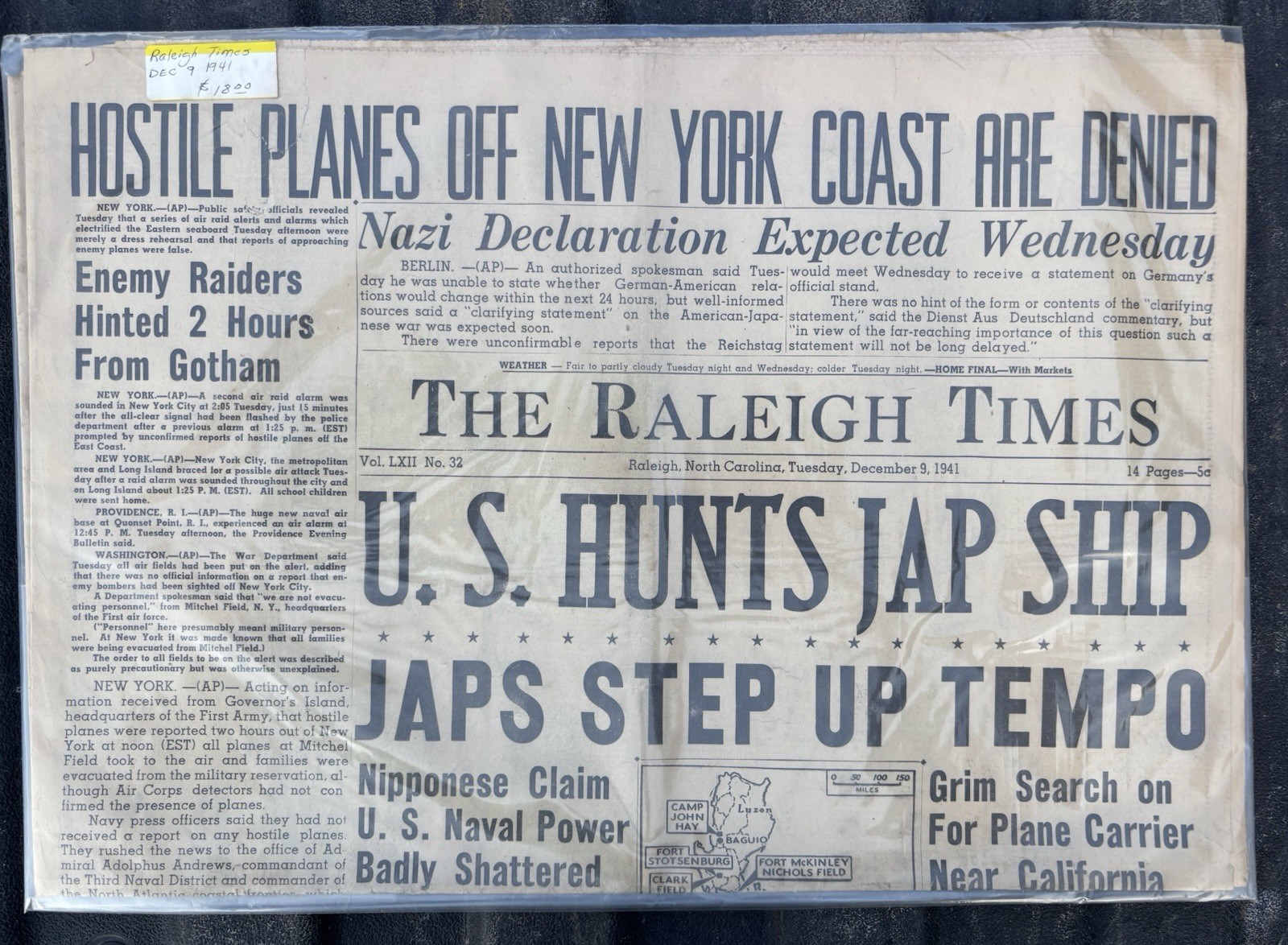 WW2 The Raleigh Times Dec 9th 1941 Newspaper
