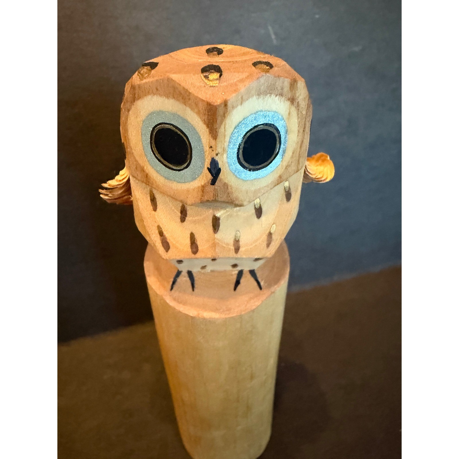 Vintage 1966 Greenwich Village Hand Carved Wooden Owl Sasano-bori Folk Art 3.75\