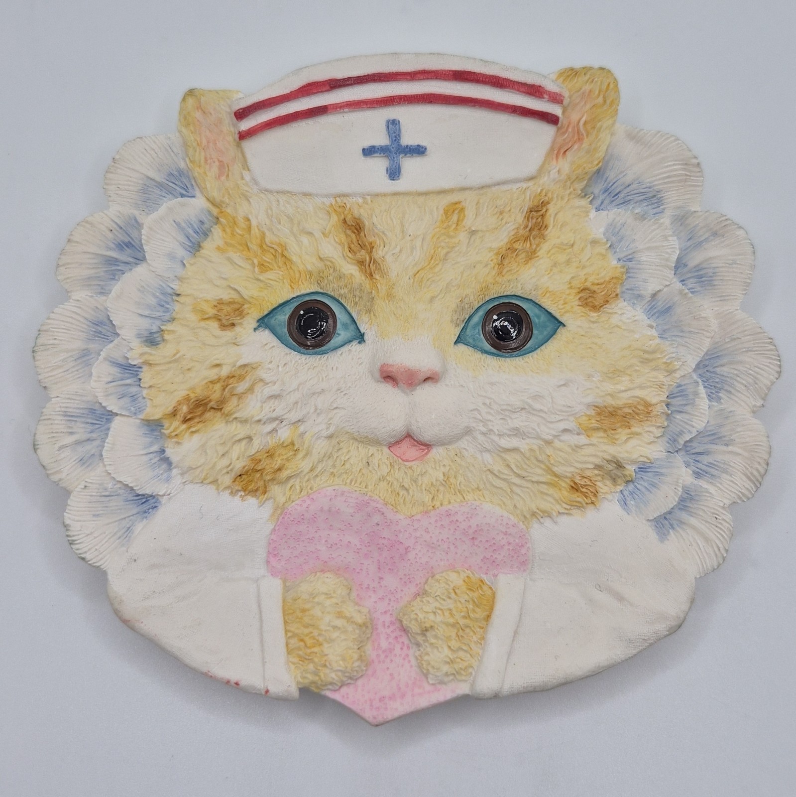 Vintage 90s Cute Nurse Kitty Cat Plate Picture Decor Kitten Gift Green Eyes Dish