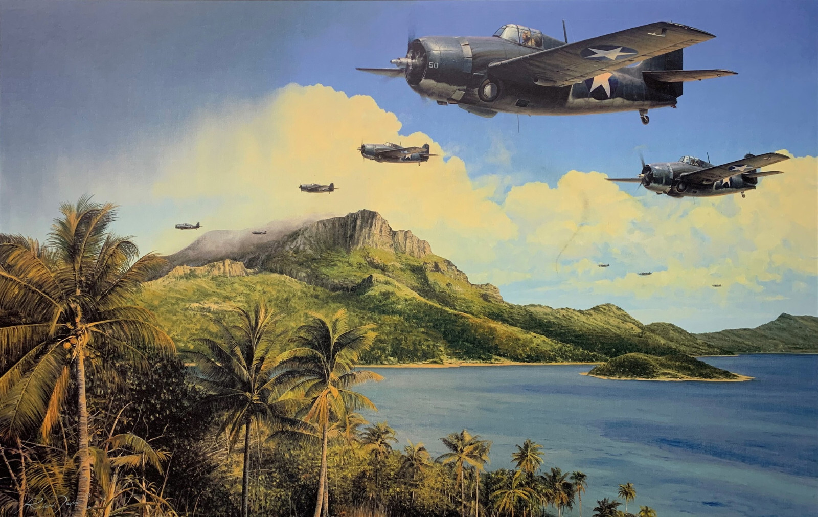Holding the Tide by Richard Taylor aviation art signed by 4 WW2 Wildcat pilots