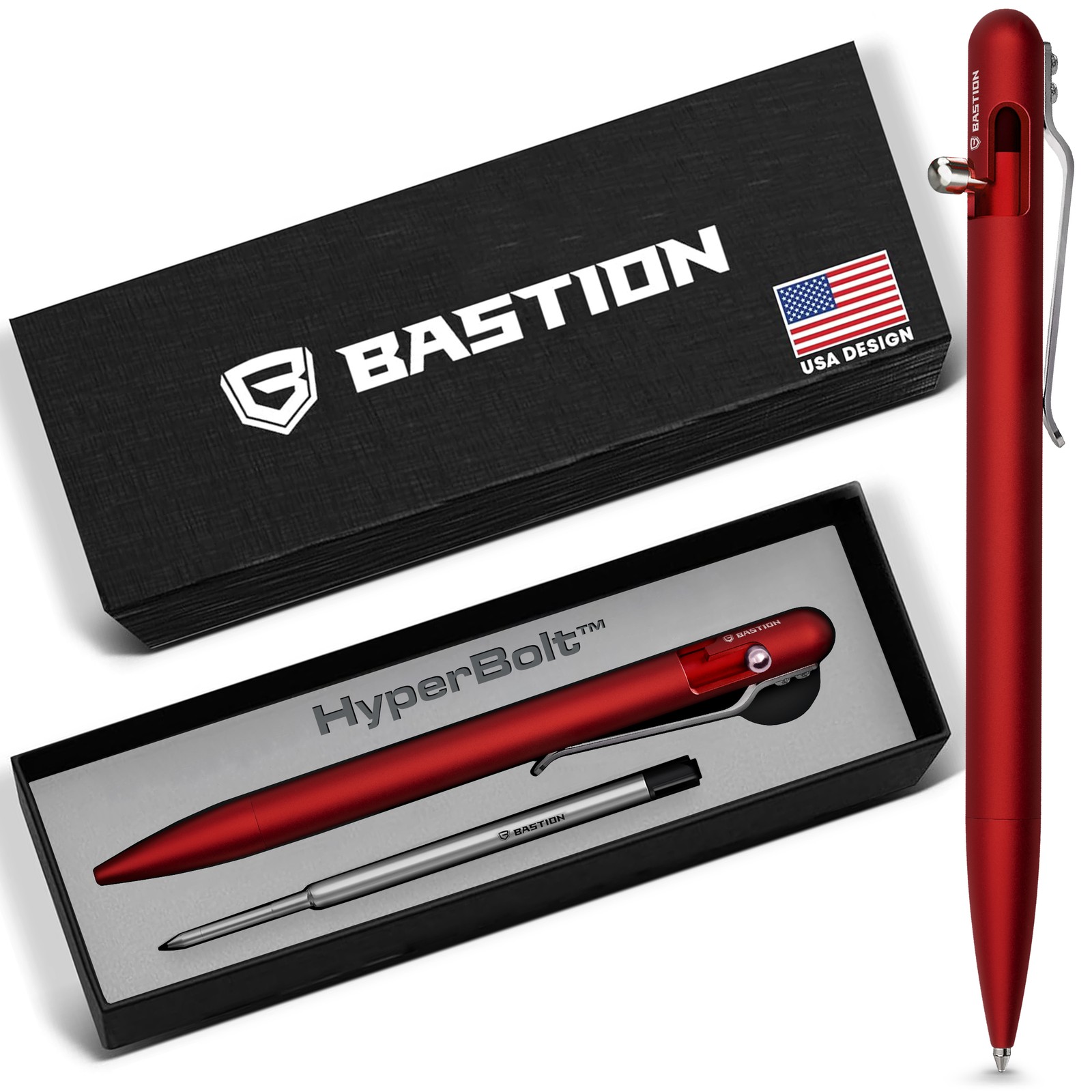 BASTION Slim Aluminum Regal Red Bolt Action Ink Pen | EDC Pocket Mens Gift Metal