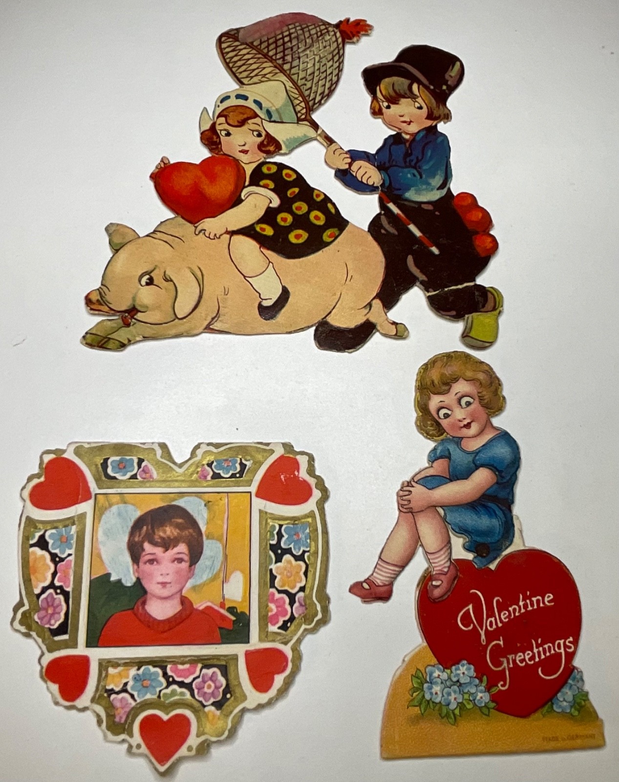 Antique Valentine Cards Lot Whitney Made Germany Die Cut Children Pig 1920s