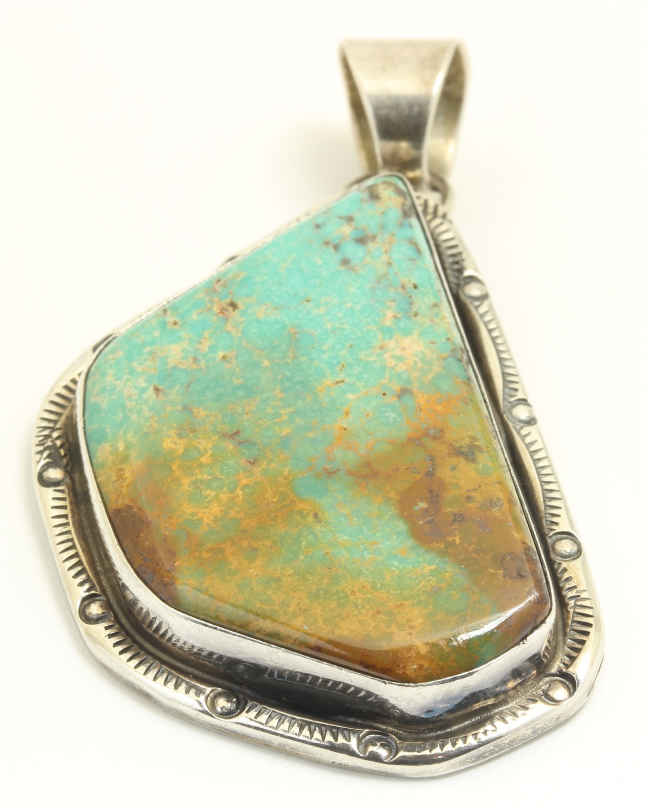 Navajo Sterling Silver SIGNED T Large Blue Green Turquoise Pendant 15.5g