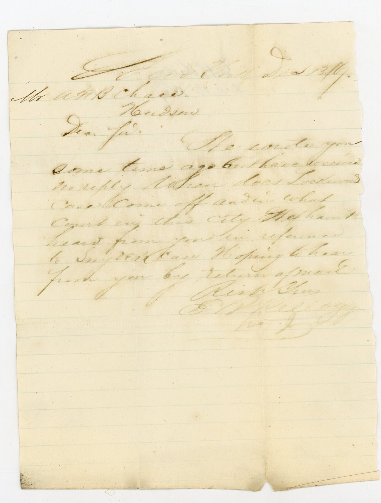 Signed Letter E B Kellogg Hudson NY 1872 Handwritten  A Frank B Chase New York