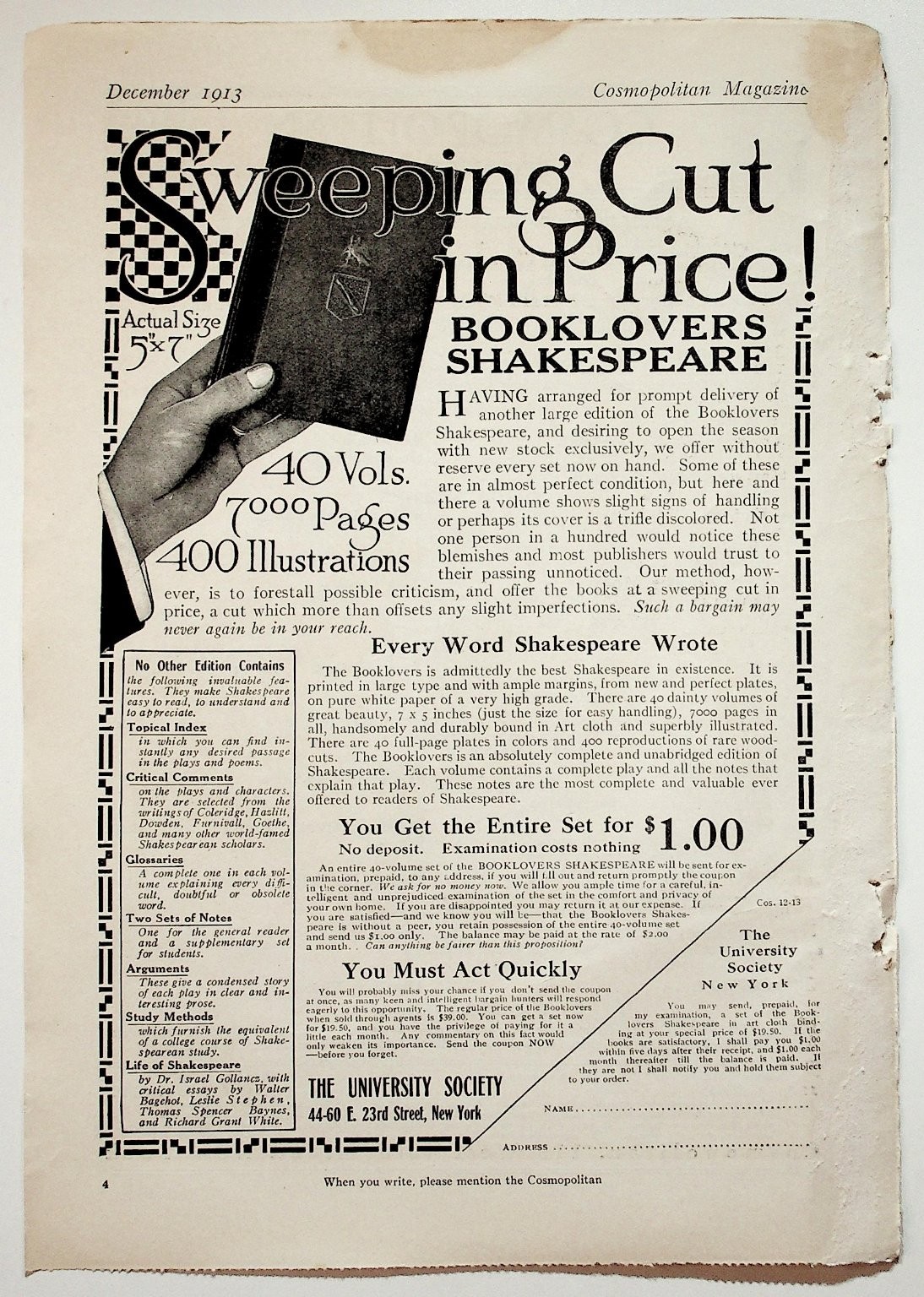 1913 Cosmopolitan Magazine Booklovers Shakespeare Ad Vintage Ephemera