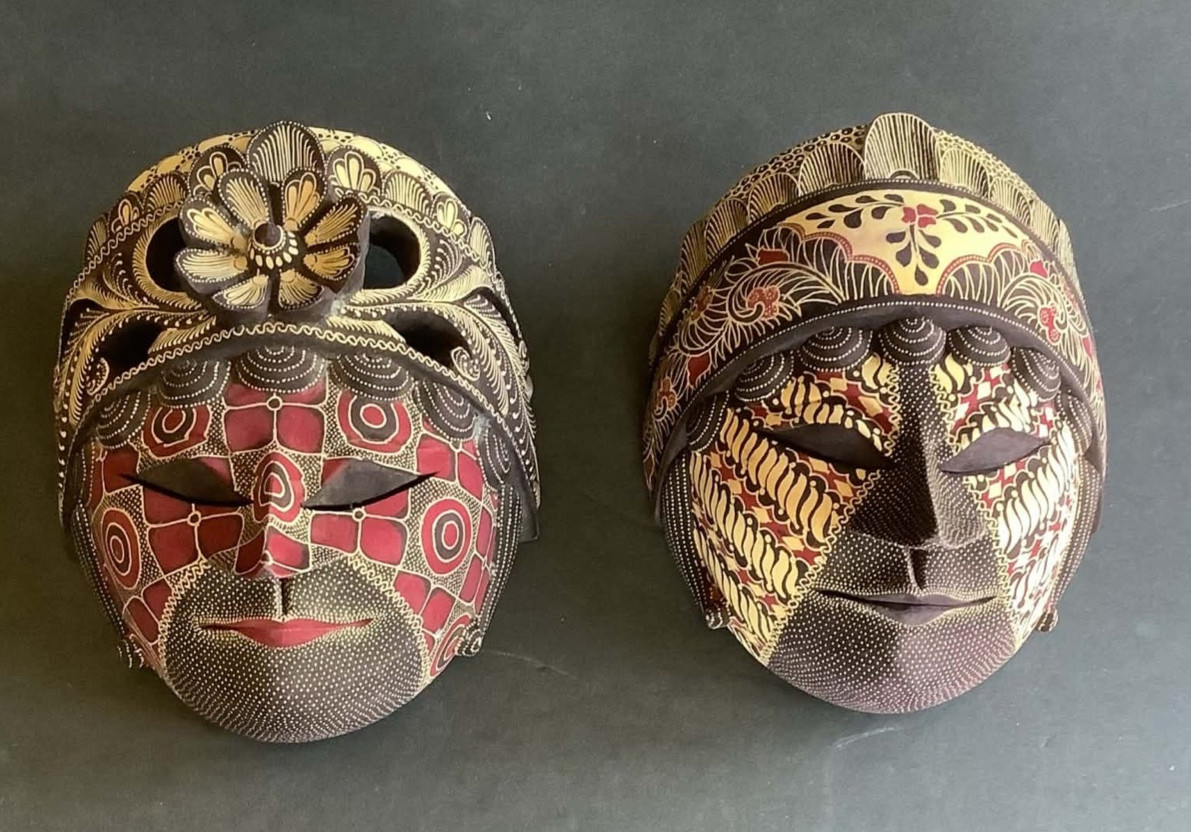 Pair of Traditional Handcrafted/Carved Indonesian Wooden Batik Masks From Java