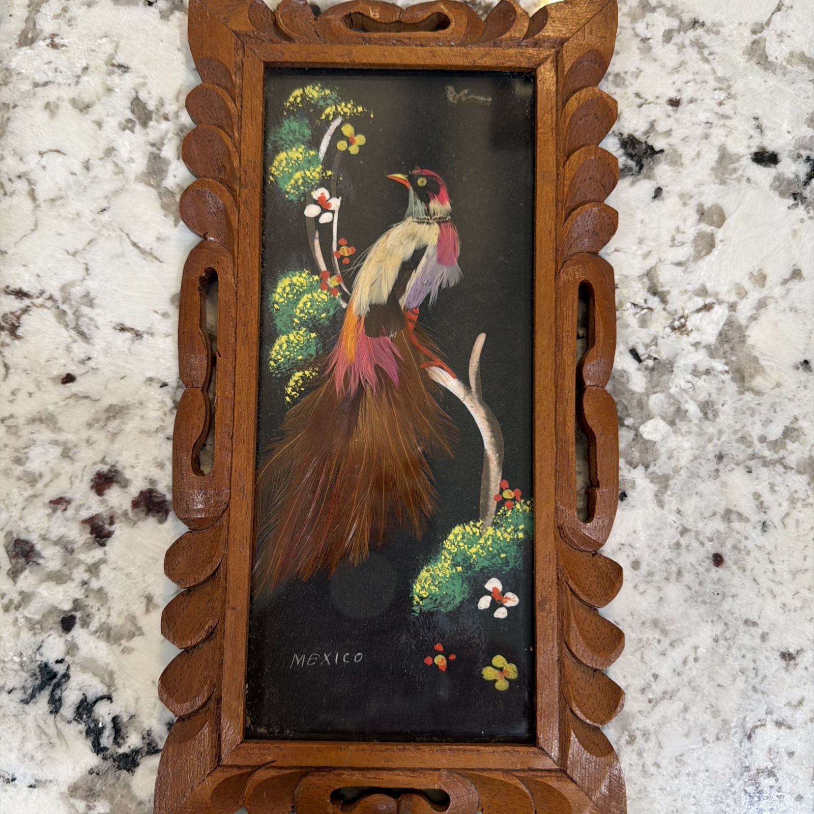 Vintage Made in Mexico Feather Tropical Bird Framed Art - 6x10