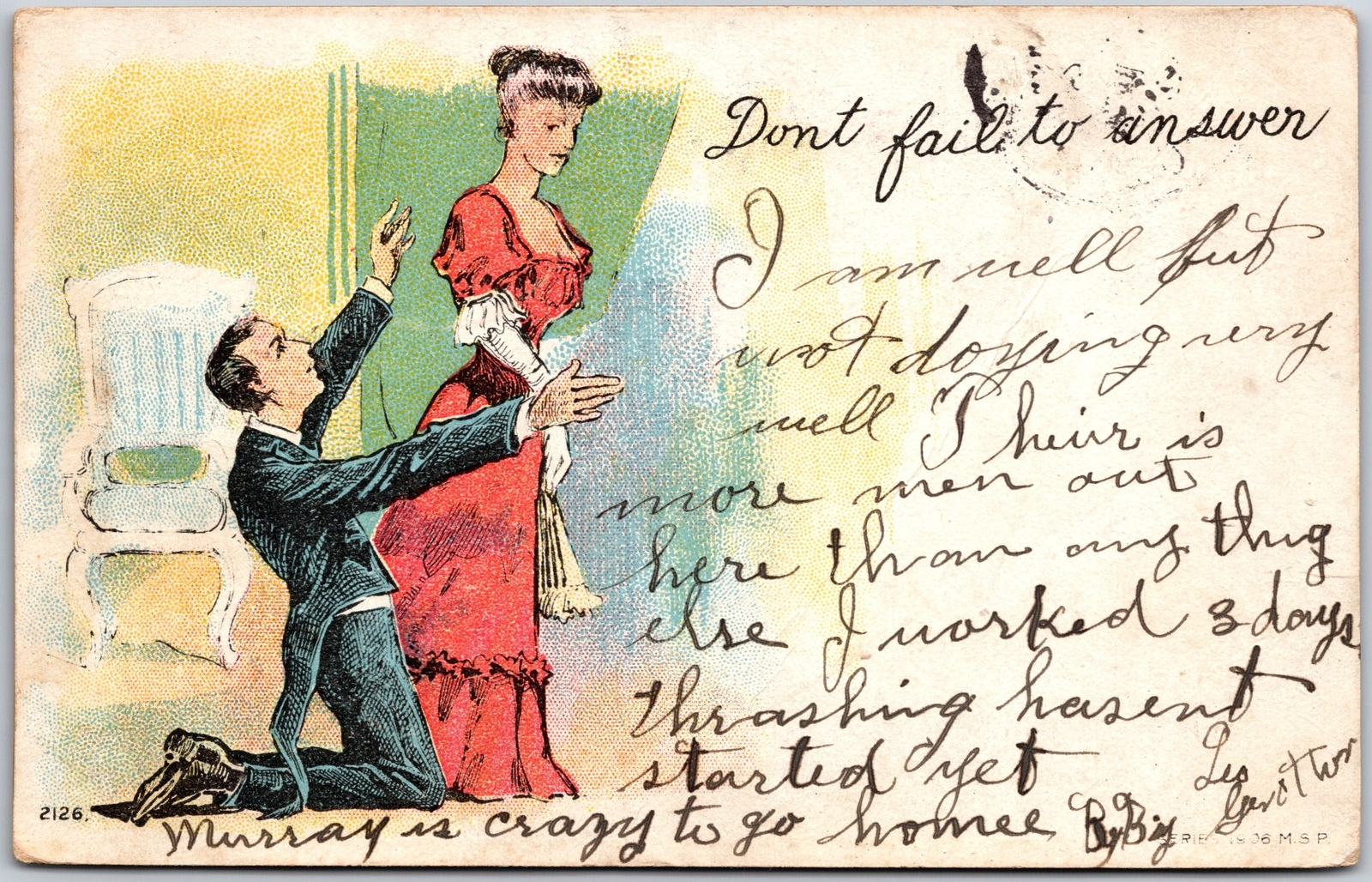 Don\'t Fail To Answer, 1906 Love Romance, Couple, Man Kneeling Down, Postcard