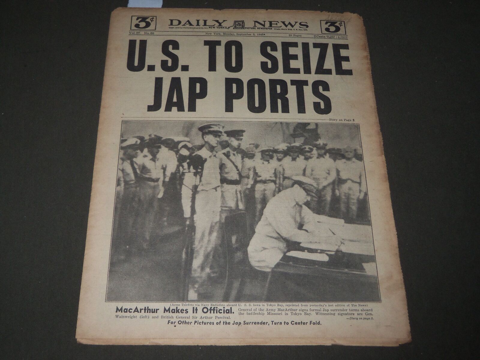 1945 SEPTEMBER 3 NEW YORK DAILY NEWS - U. S. TO SEIZE JAP PORTS - NP 2902