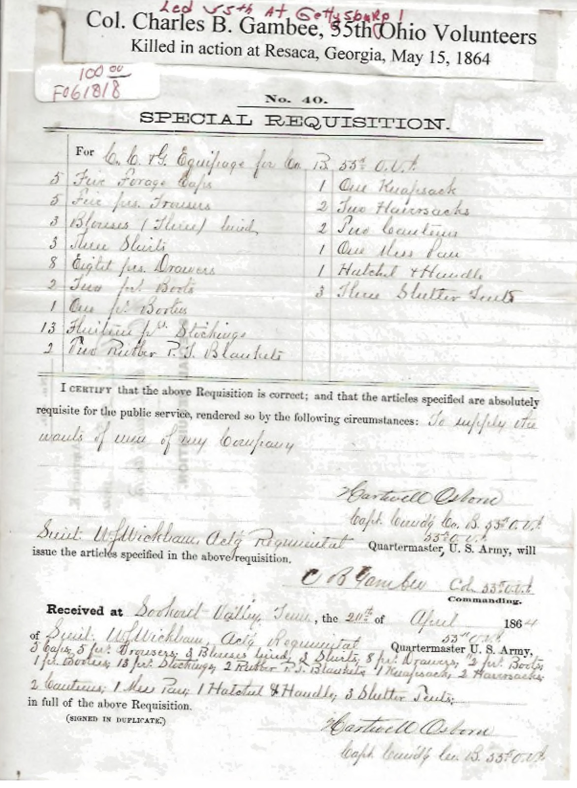 COL Charles B Gambee 35th Ohio Volunteers KIA. Resaca Georgia May15 1864 Civil W