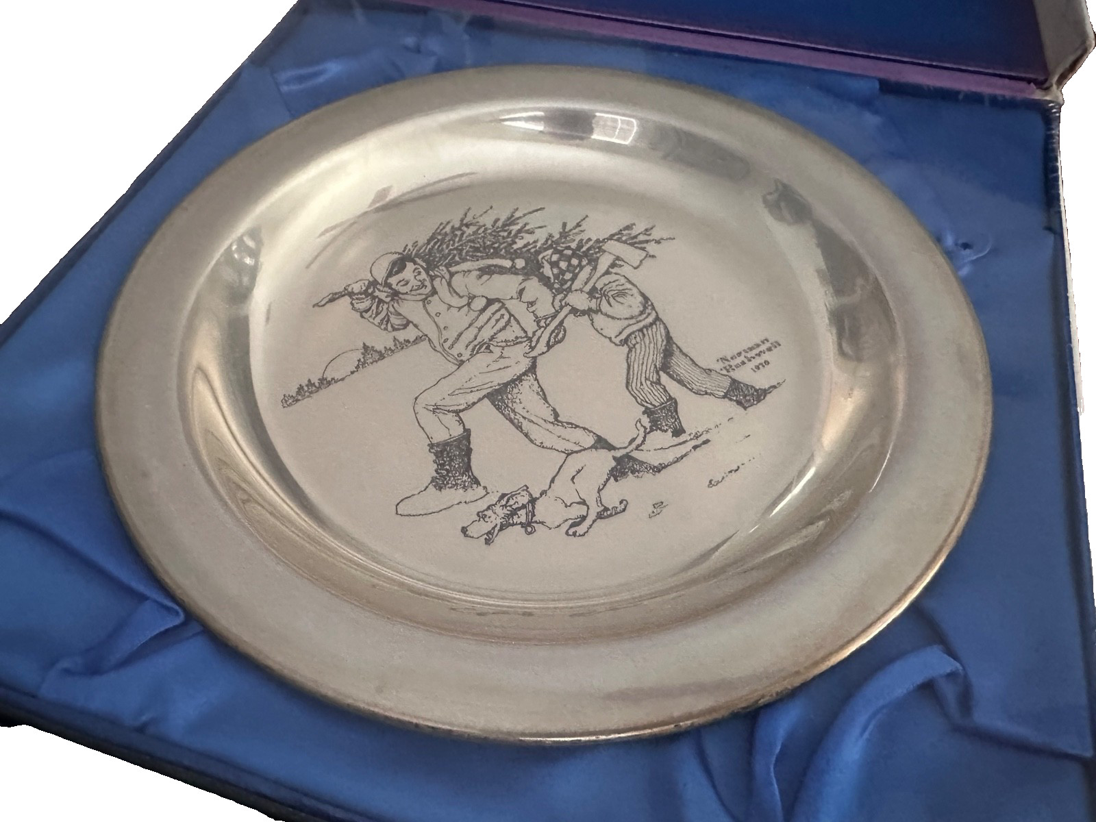 1971 Franklin Mint -sealed- Silver Xmas Plate Bringing Home The Tree Rockwell