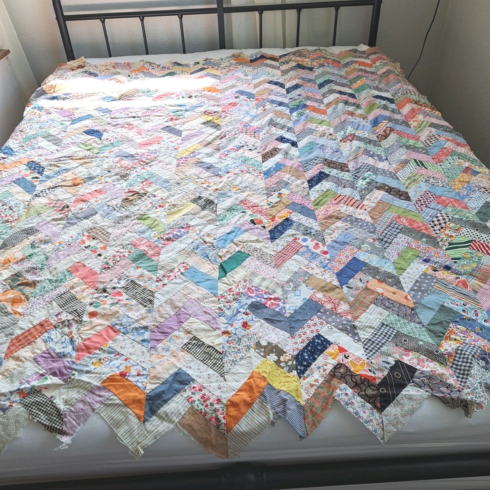 Vintage Hand Sewn Scrappy Quilt Top Herringbone/Chevron 78