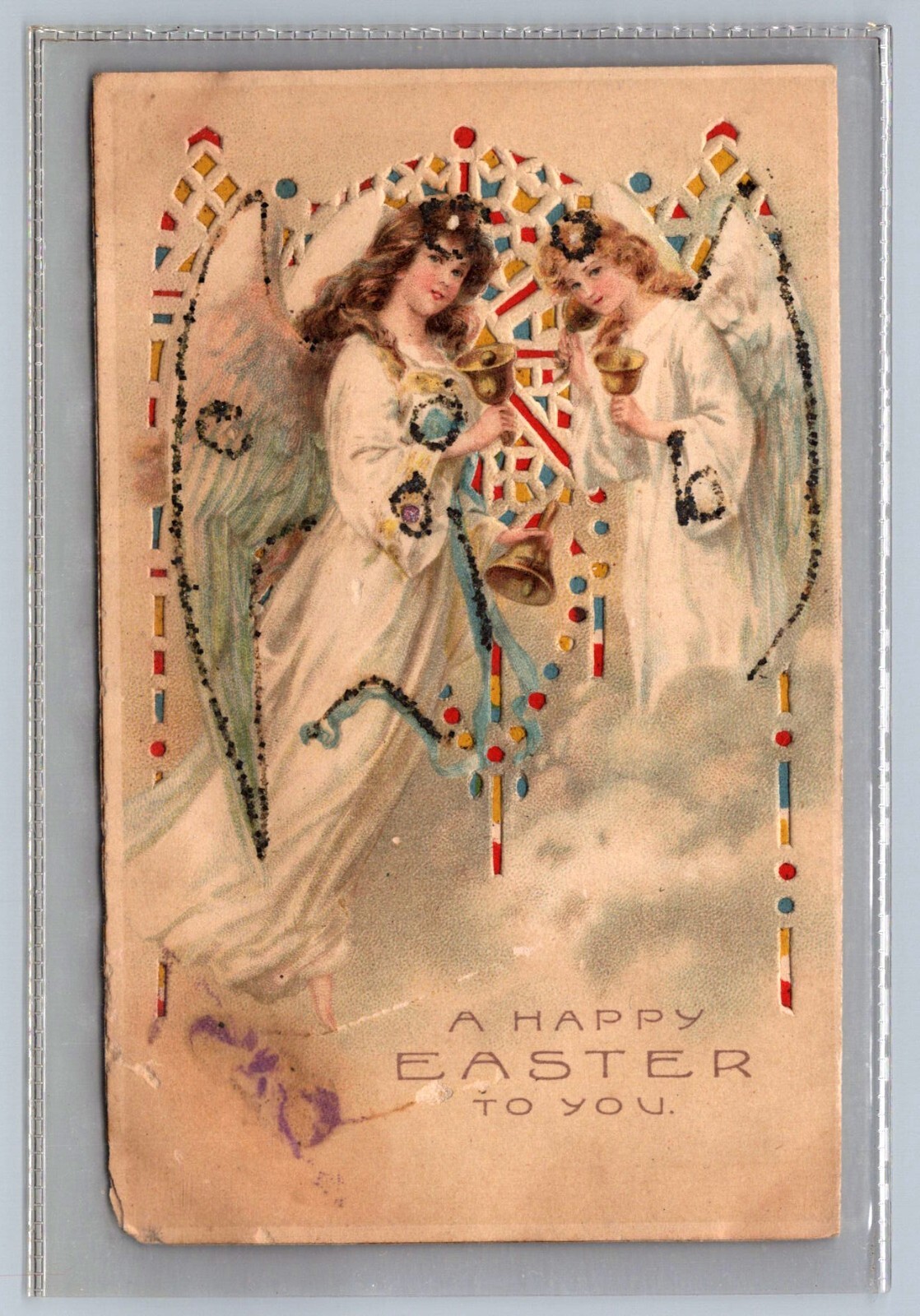 Postcard Hold to Light Happy Easter to You Angels Bells Church Windows HTL  L088