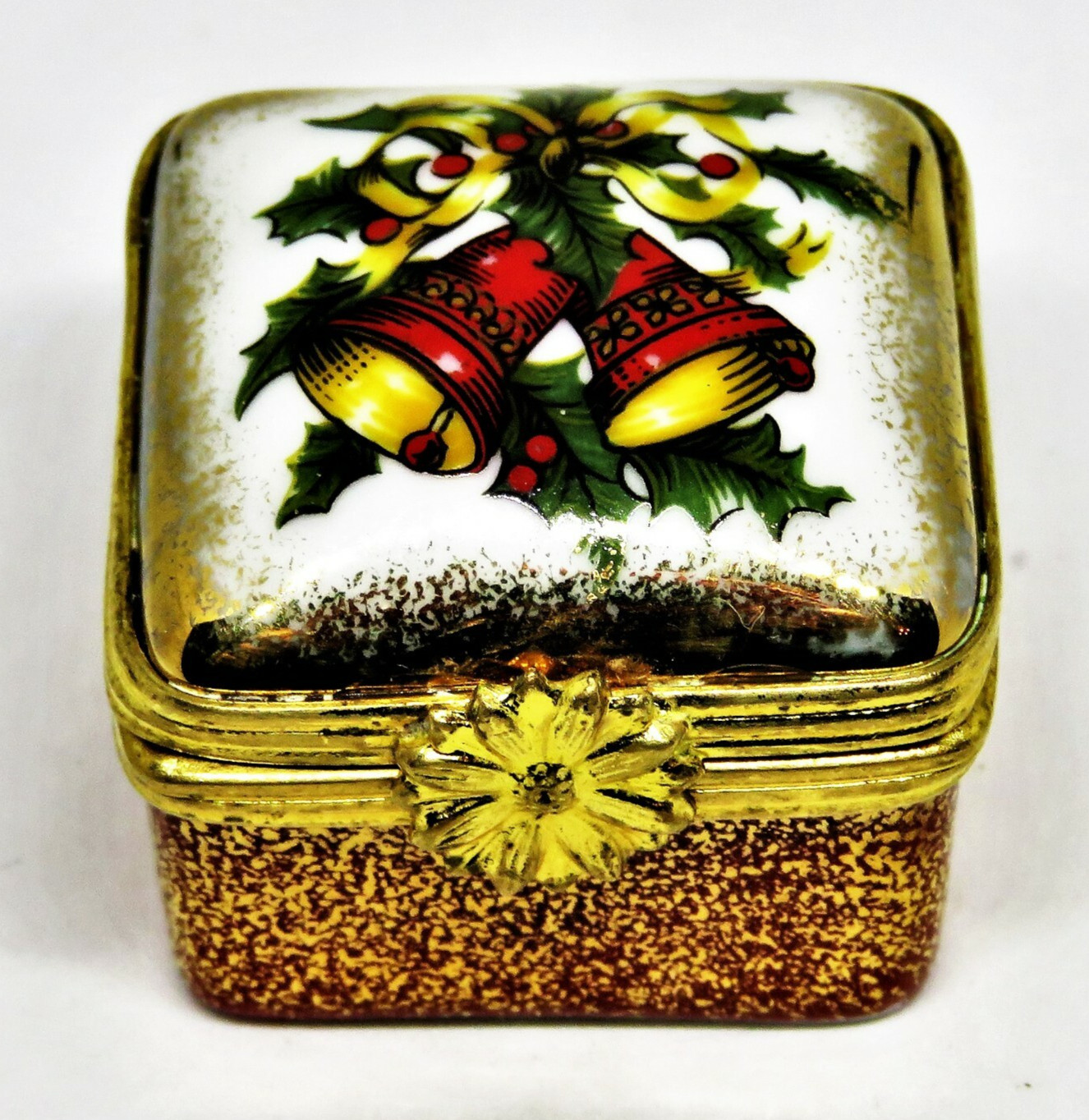 LIMOGES FRANCE BOX ~ CHRISTMAS ~ DUBARRY FLORAL ~ BELLS & HOLLY & RIBBONS