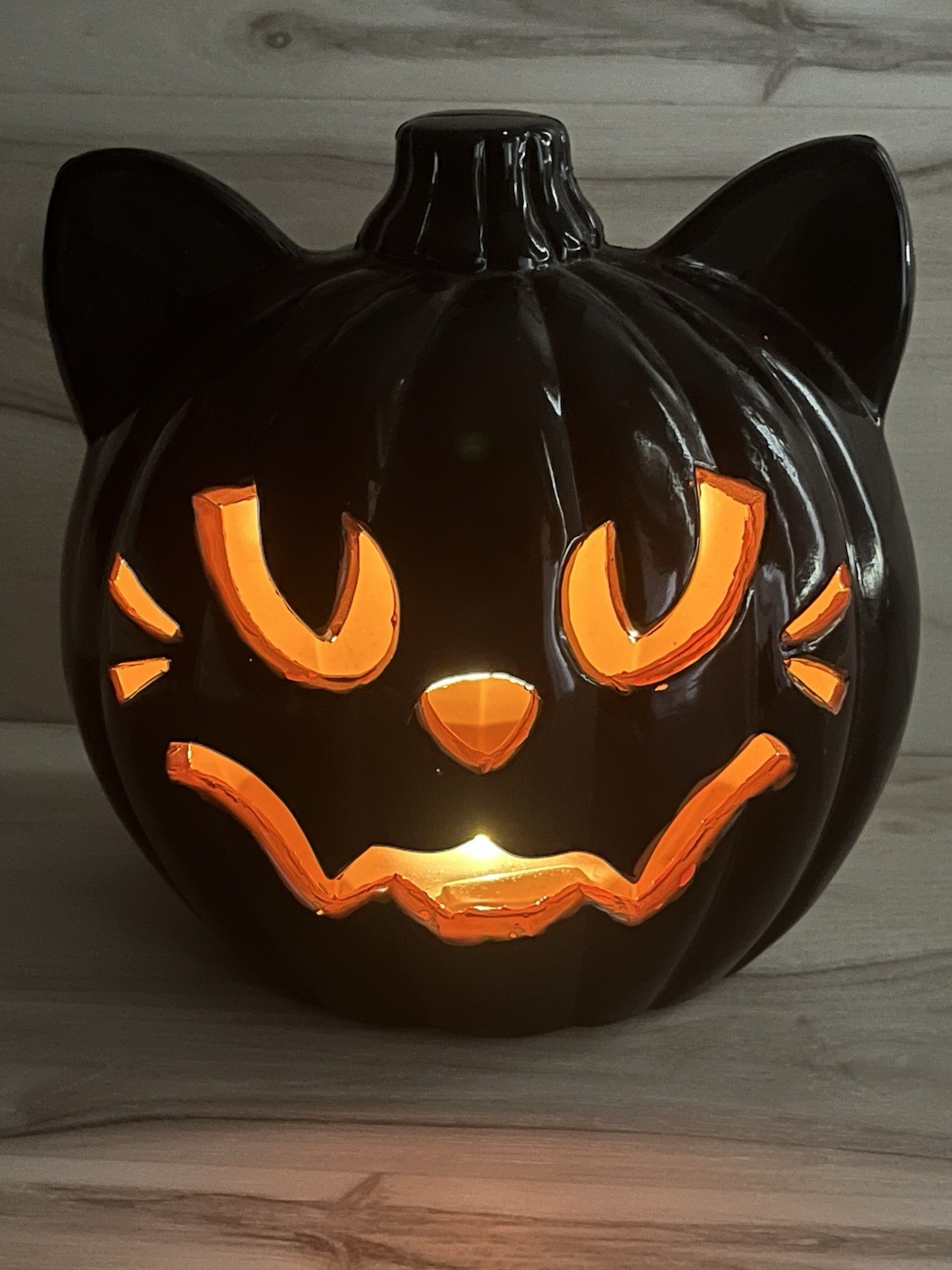 RARE VTG Light up Halloween Black & Orange Cat Plastic Jack-O-Lantern Pumpkin