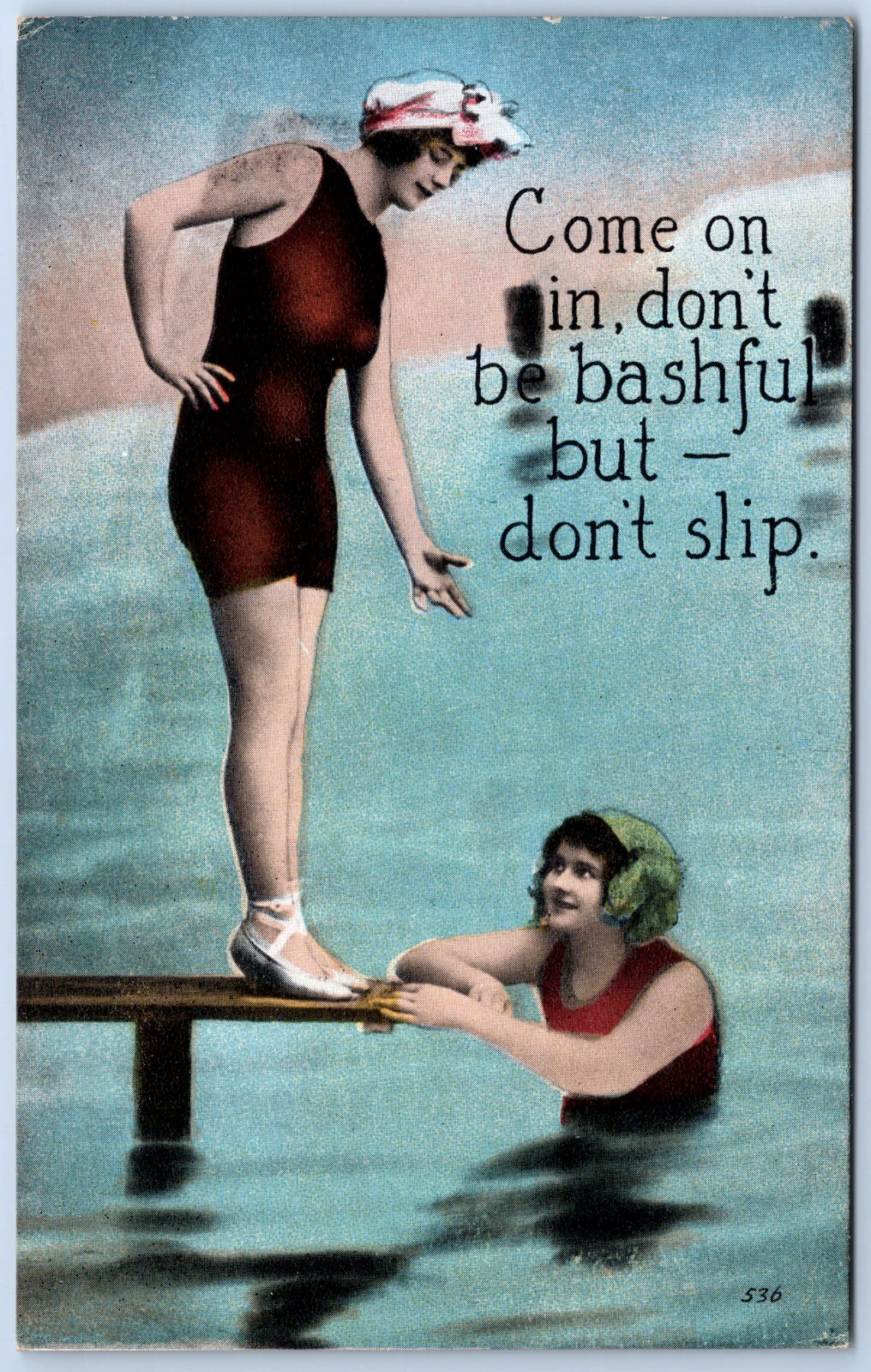 Pair of Bathing Beauty Women Come on in don\'t be bashful but don\'t slip postcard