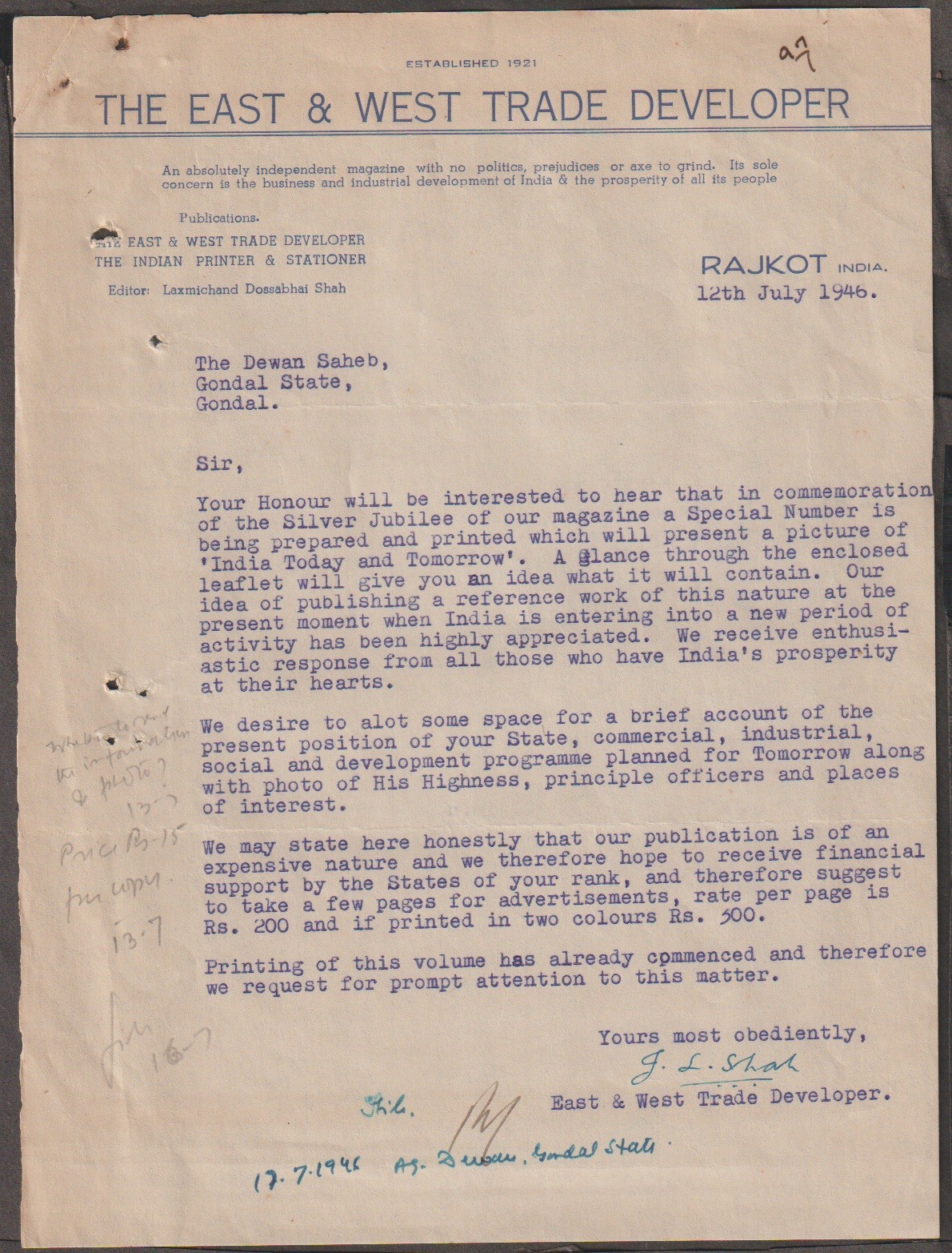 JN India 1946 East and West Trade Developer Rajkot Letter to Dewan Gondal