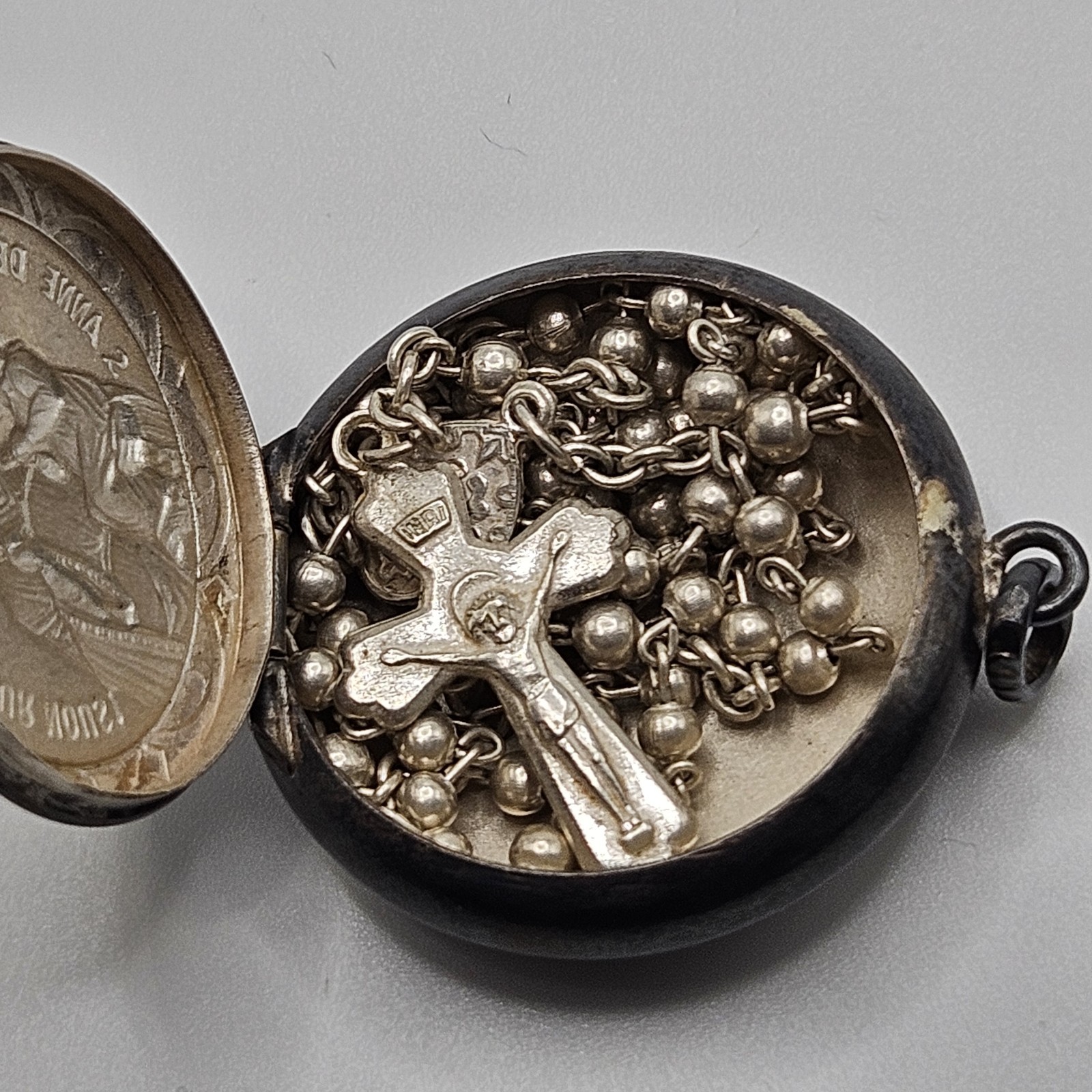 Vintage Alpaca Rosary in Pendant Case St Anne Beaupre