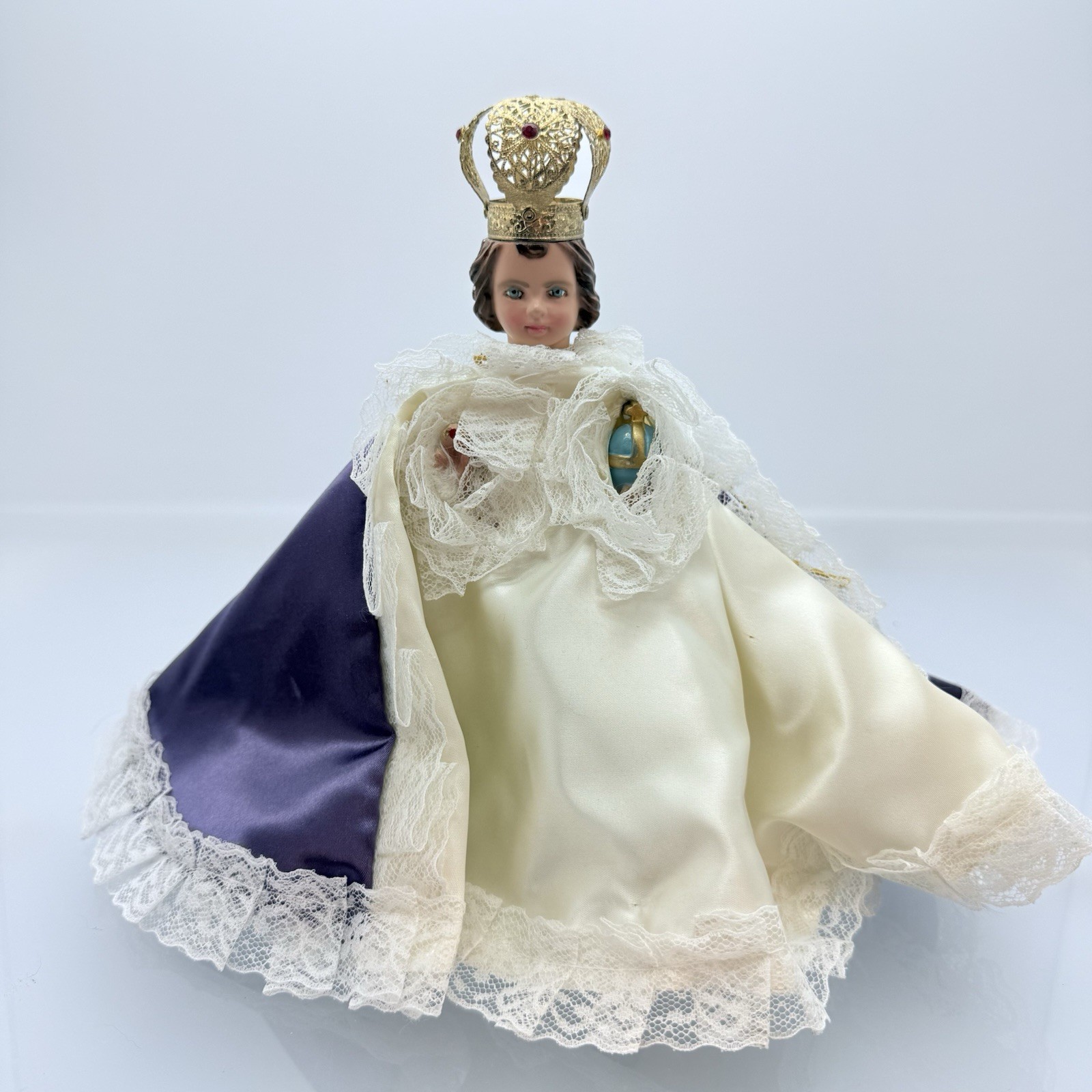 Vintage 1966 Religious Madonna Queen Figurine Doll Crown Satin Lace 9”