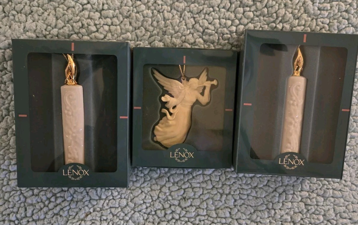 LENOX--TRUMPET ANGEL Beautiful, Porcelain Christmas Ornament And Candlesticks