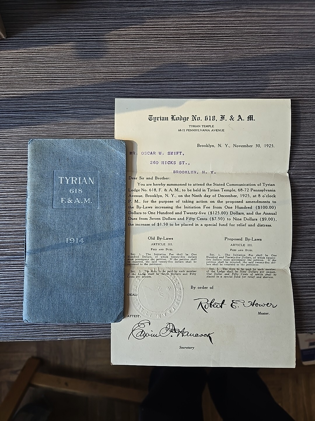 Tyrian Lodge No. 618 F. & A. M. 1914 Brooklyn, NY Tyrian Temple  Robert Hower