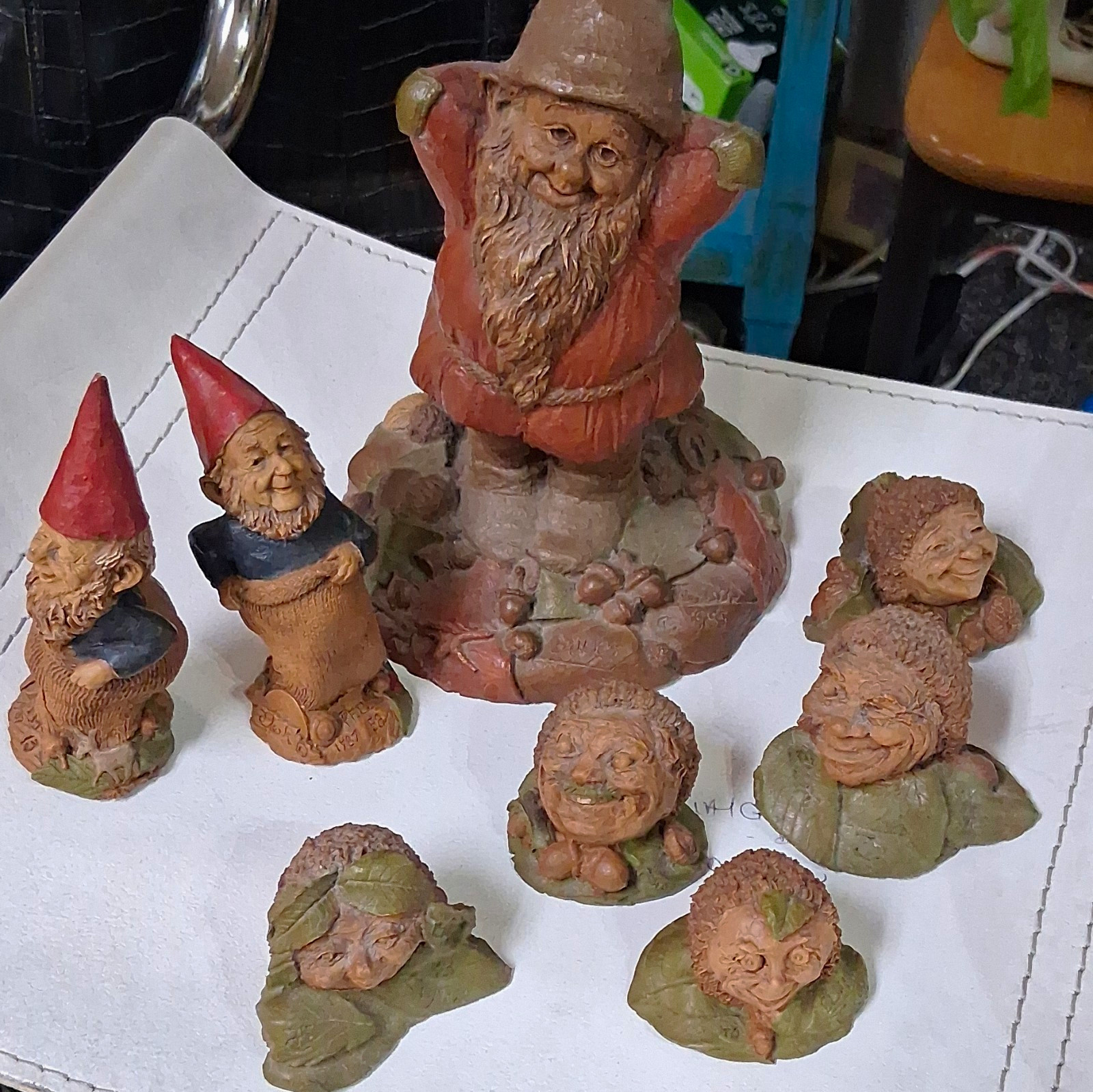 Fantasy Gnomes Lot of 7 Gnome/Elf Figurines, Hand-Painted, Red Hats, Leaf