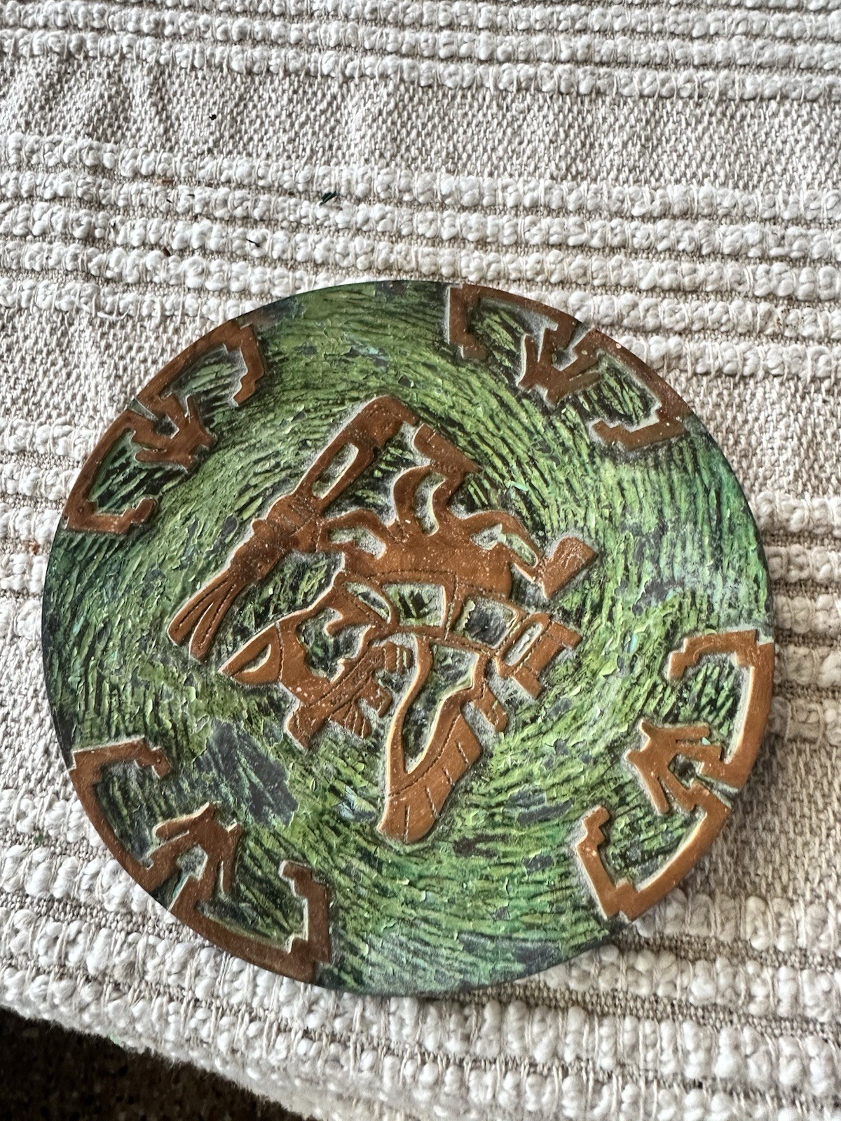 Vintage Mexican Sterling Overlay Enamel Aztec Plate