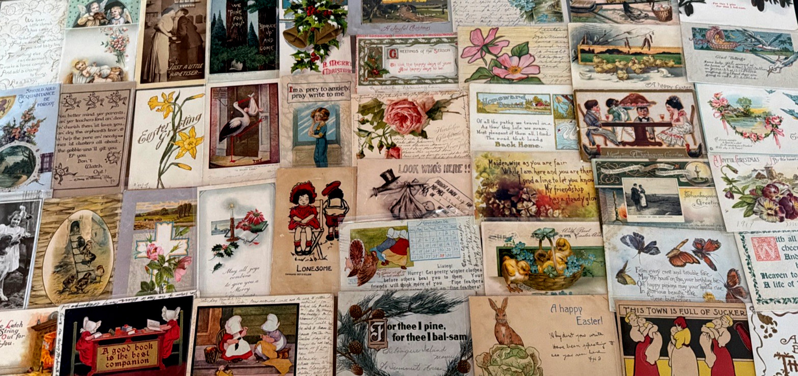 ~Lot of 43 Antique 1900\'s~Mixed Topics Greetings Postcards~All with stamps-s501
