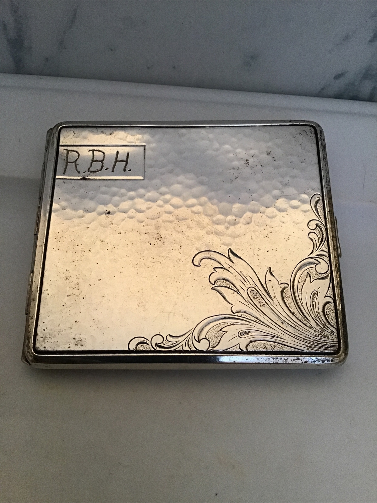 Vintage Alpaca Silver Hand Hammered Cigarette Case & Etched Monogrammed R.B.H.