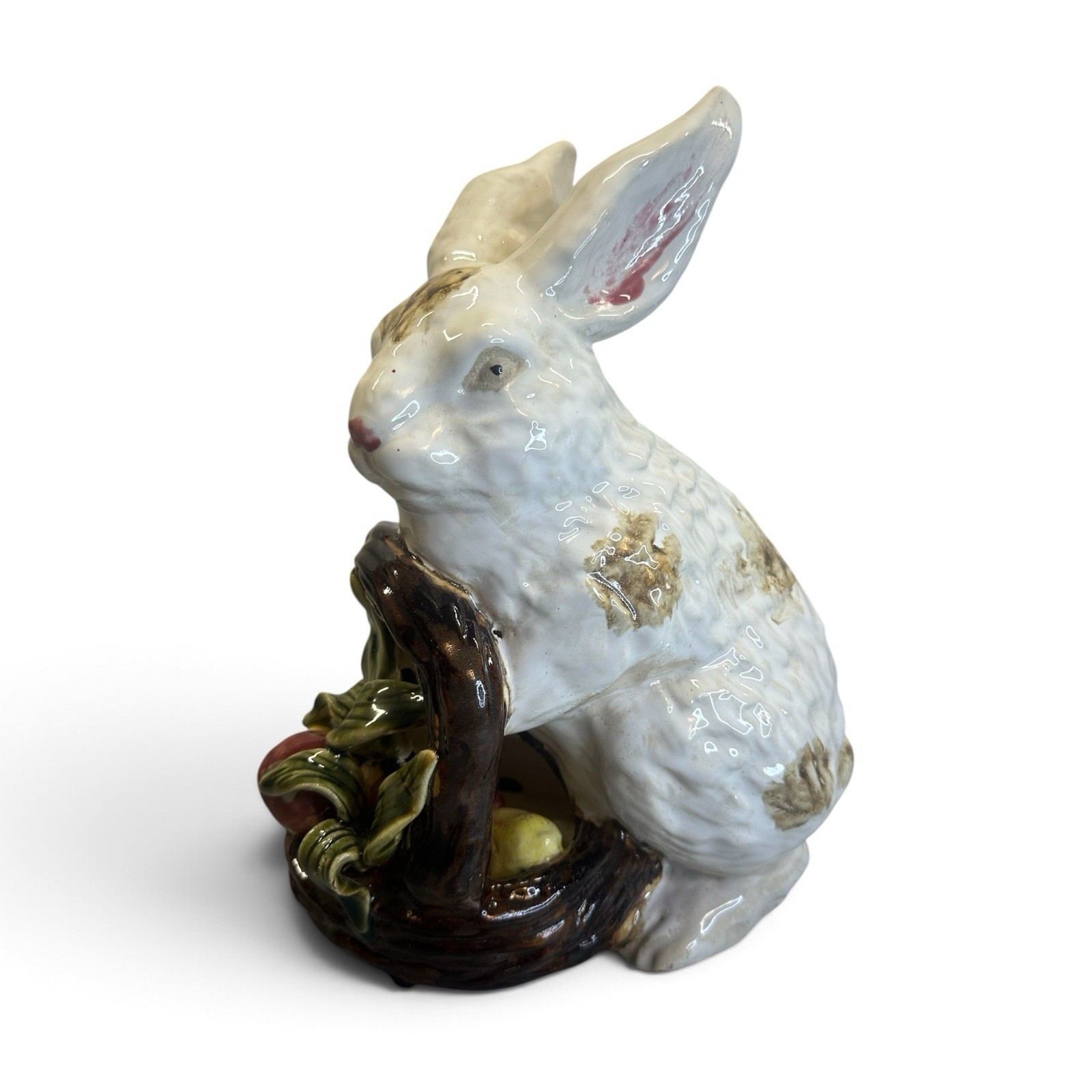 Studio Art Majolica Rabbit Figurine w/ Fruit Basket Large Glazed Pottery
