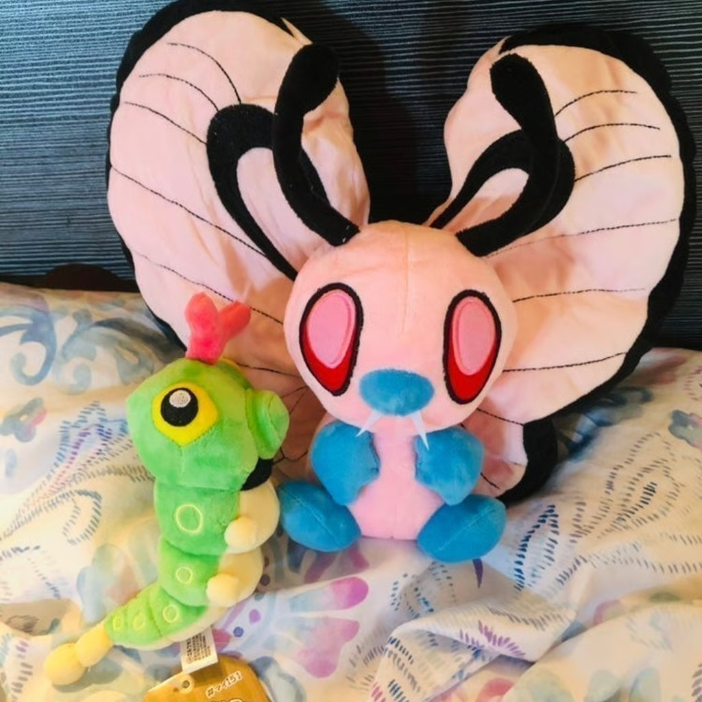 NEW Pokemon Shiny Pink Blue 6in Butterfree Plush Doll 6in Green Caterpie Set