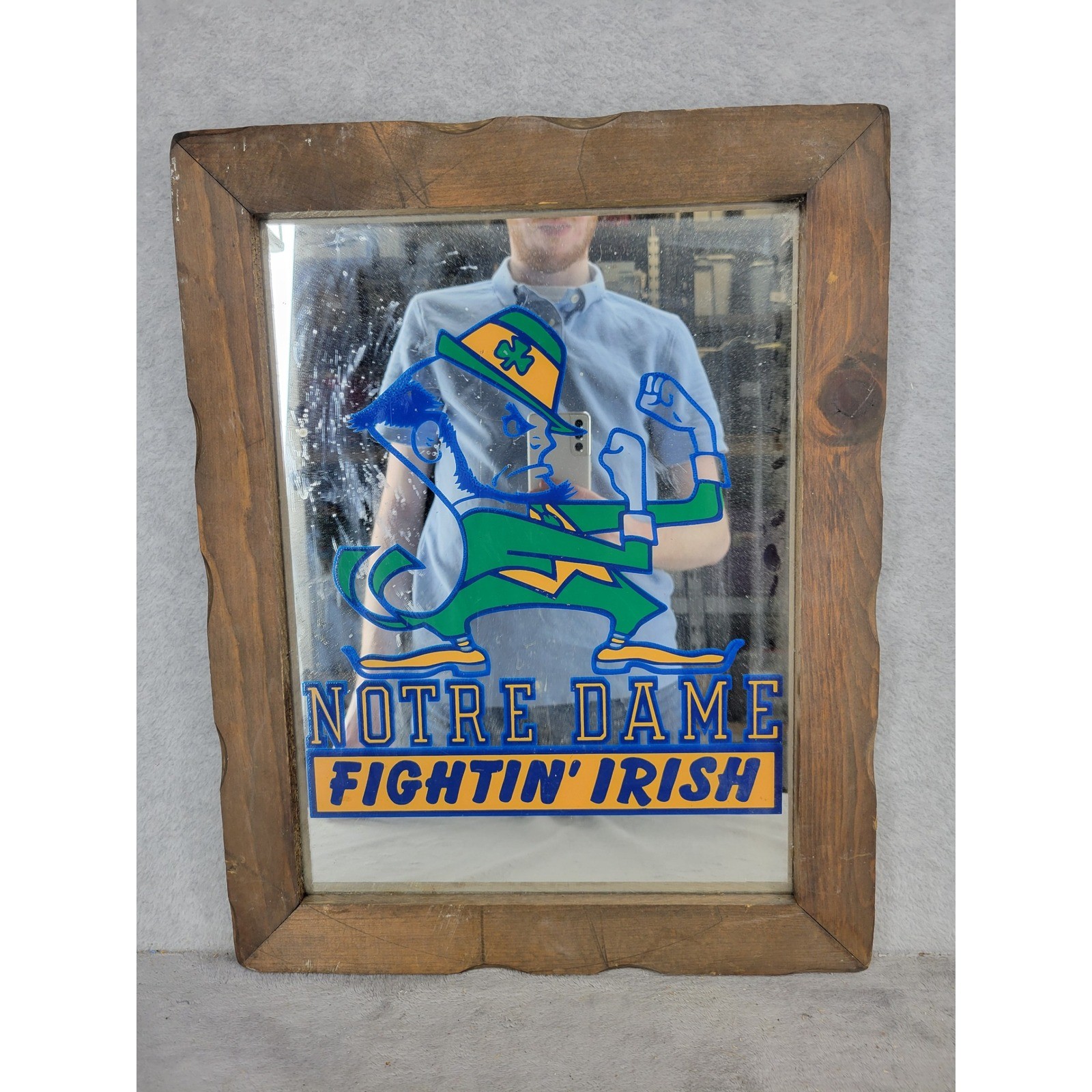 Vintage Notre Dame Fighting Irish Leprechaun Bar Mirror Scalloped Wood 19x15