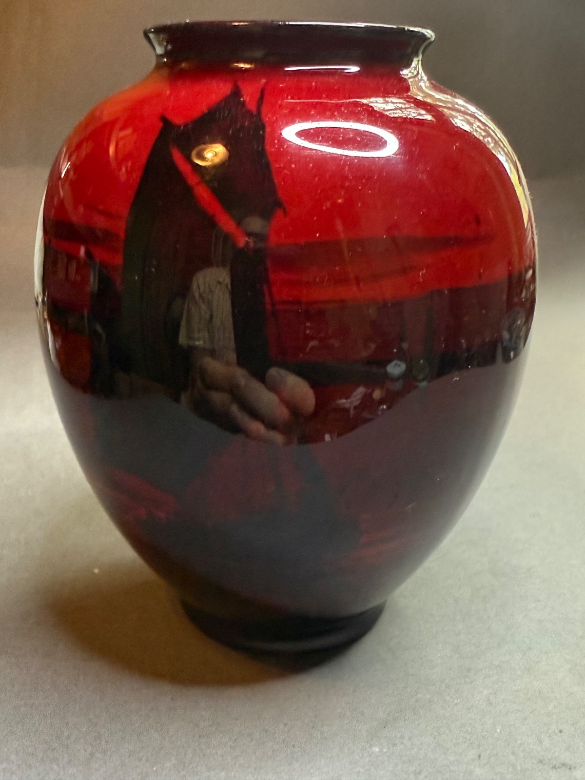 Royal Doulton Flambe Vase 5 inches Boats in Harbor Woodblock Scene Trees Horizon