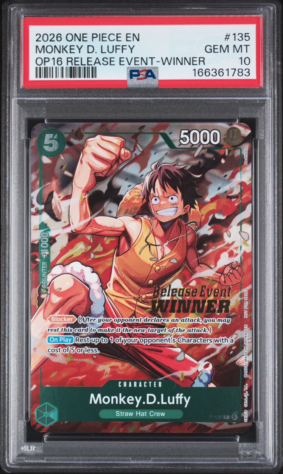 2026 ONE PIECE PROMOS OP16-RELEASE EVENT-WINNER #135 MONKEY D. LUFFY PSA 10