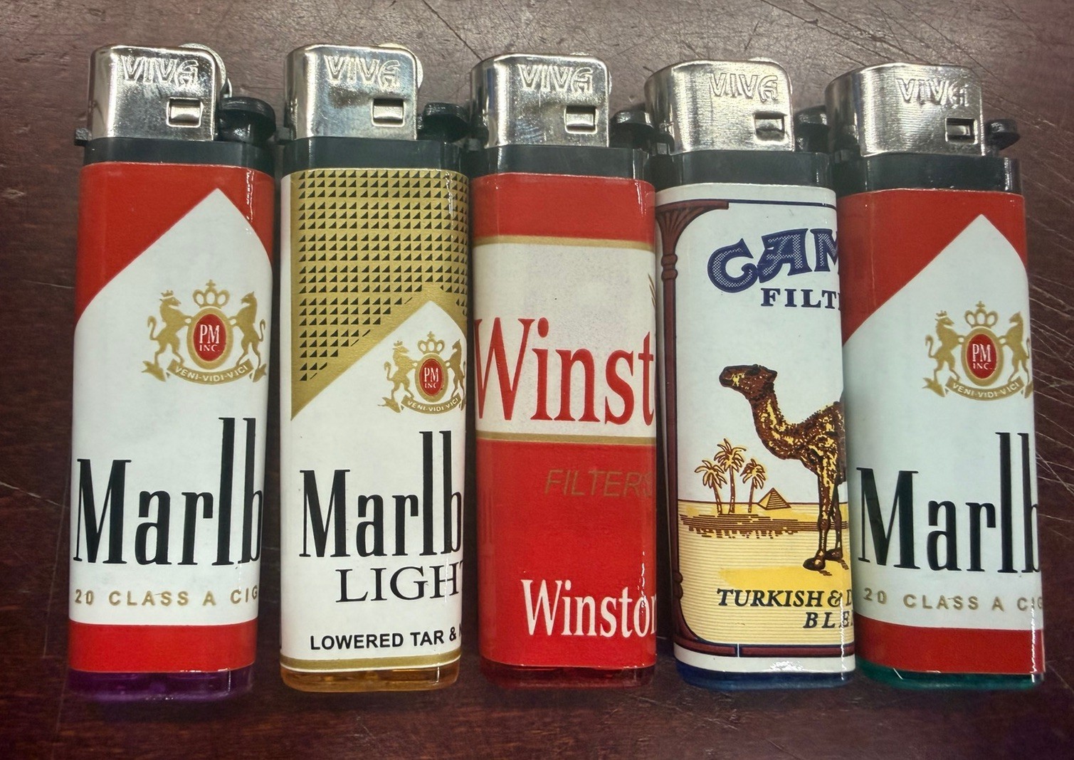 5 Cigarette Lighters Winston Camel Marlboro Vintage New and Working