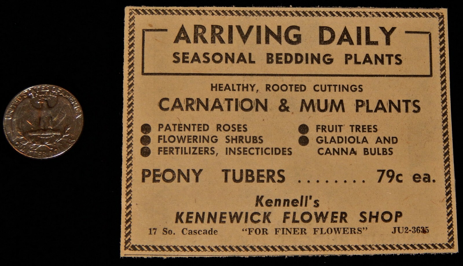 Vintage Newspaper Ad,KENNEWICK,WA,1958,Kennell's Flower Shop,