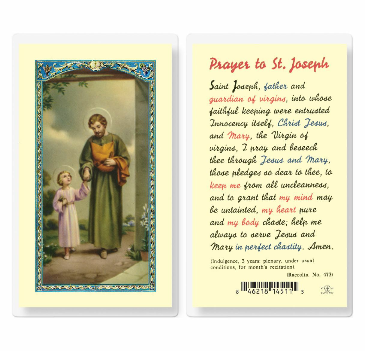 St. Saint Joseph with Prayer to St. Joseph - Laminated Holy Card E24-629