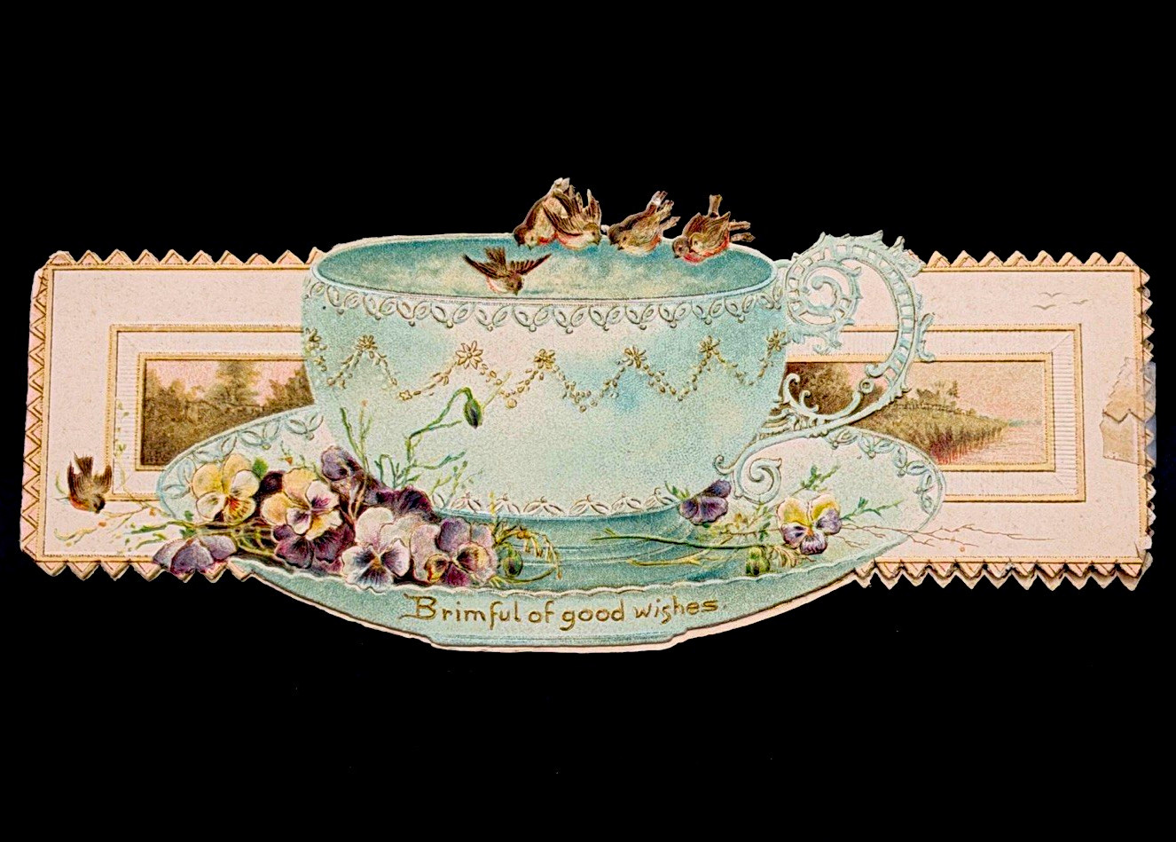 Antique Raphael Tuck Die Cut Teacup Pansy Greeting Card Saxony Victorian