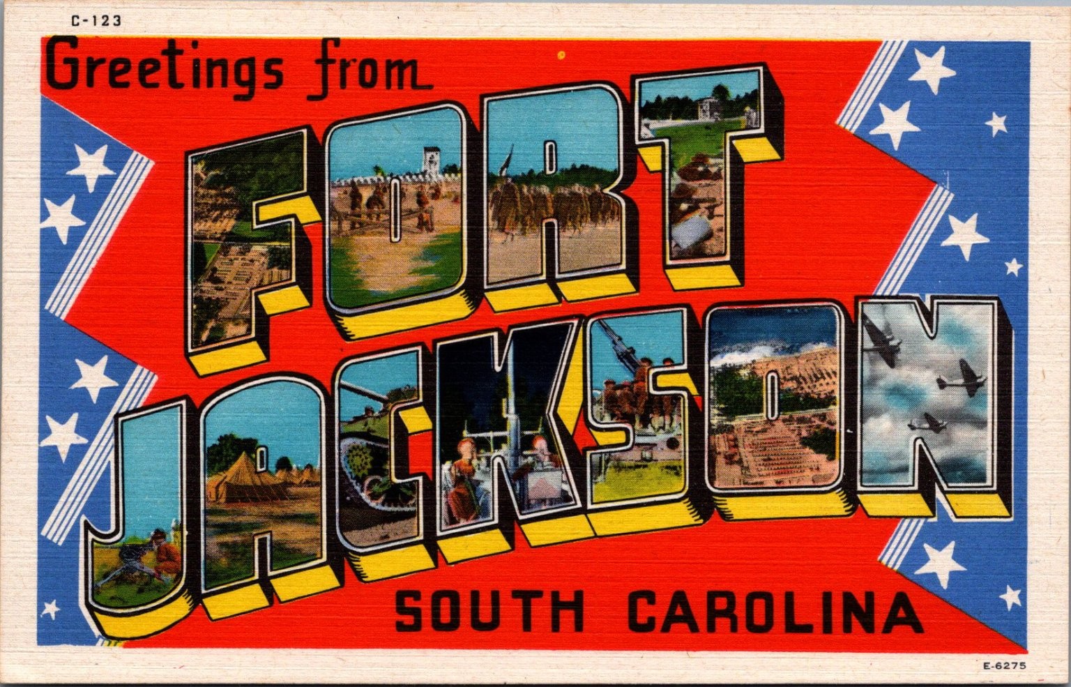 Fort Jackson SC Large Letter Linen Postcard WWII Military Training Scenes