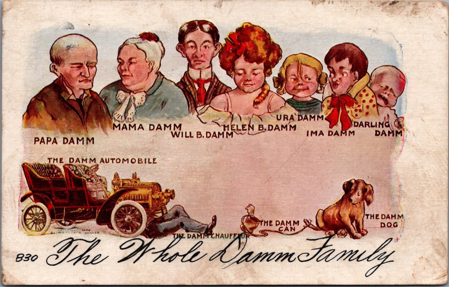1907 The Whole Damm Family Humorous Cartoon Postcard Damm Automobile Dog