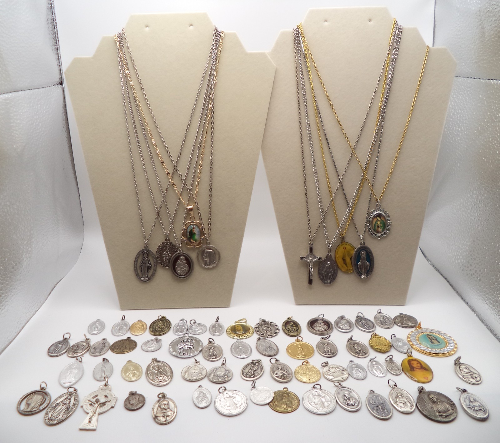 Vintage Catholic Religious Medals Jewelry Lot Saints Miraculous Mary Necklaces