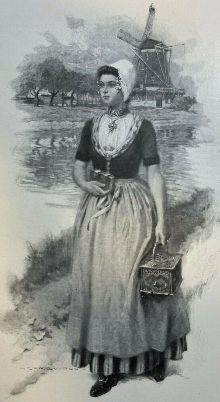 1908 Vintage Magazine Illustration Dutch Girl Carrying Basket by Windmill