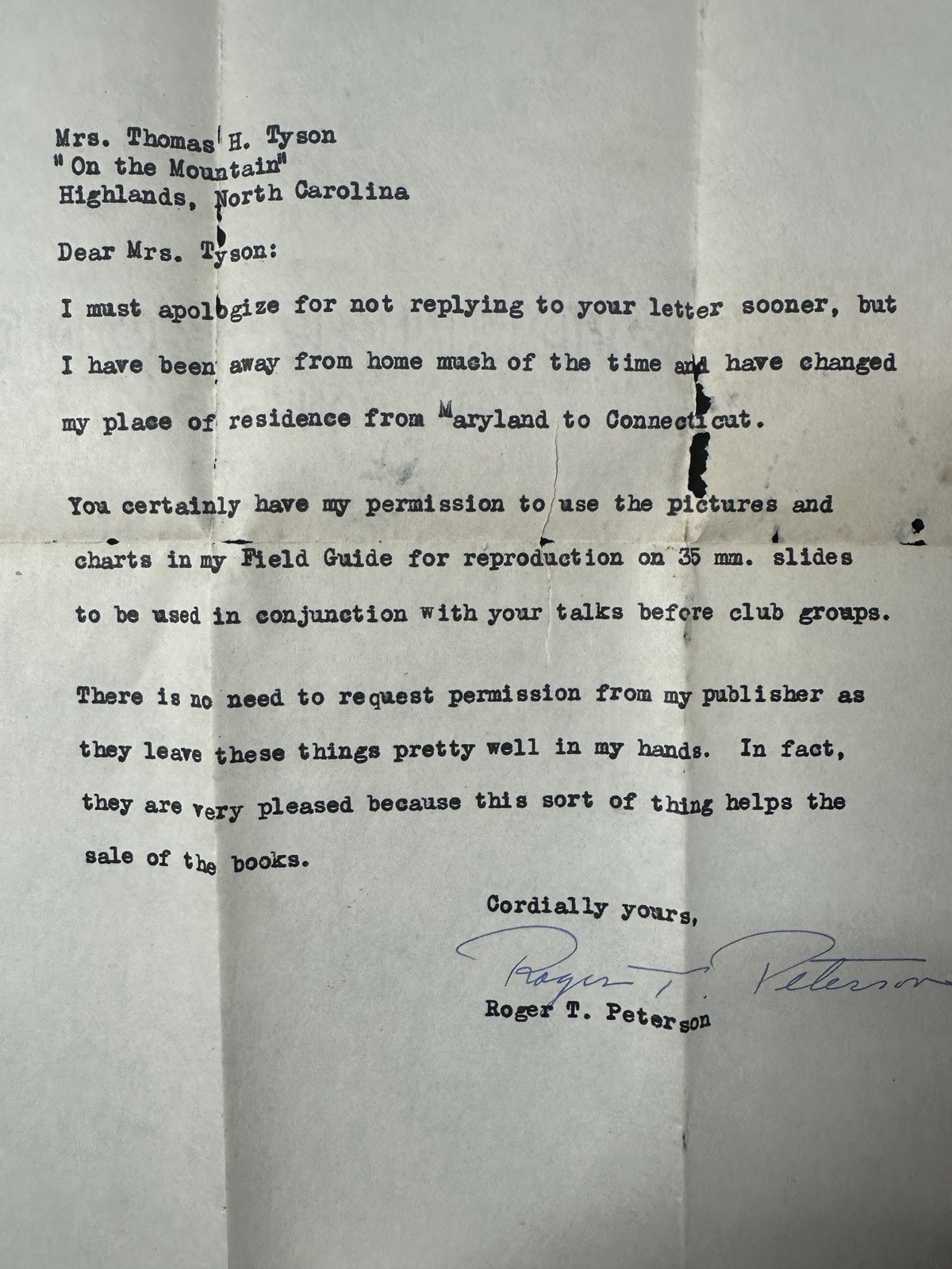 Roger Tory Peterson 1954 Signed TLS Letter Bird Field Guide Autograph LOA